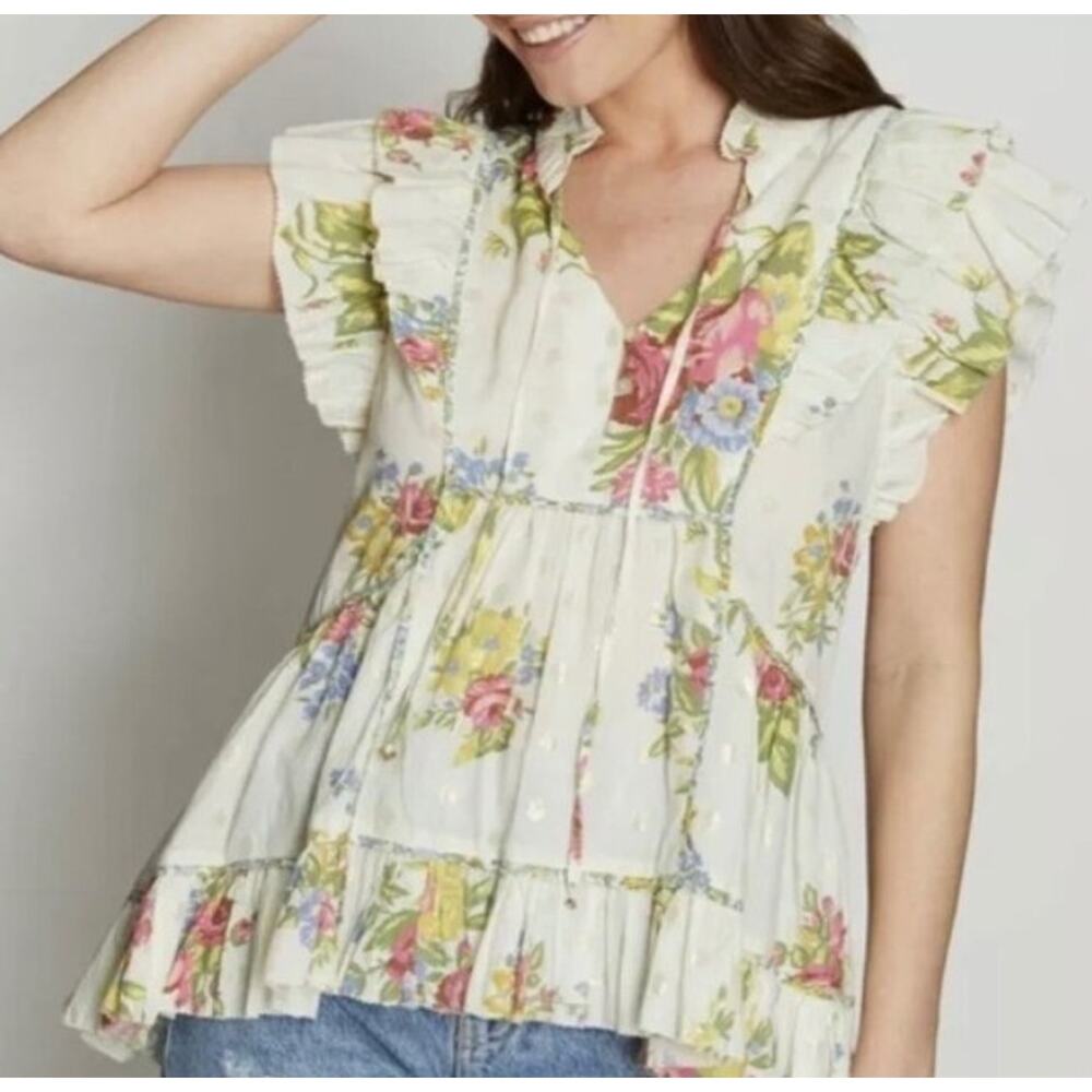 Anthropologie Love The Label Helena Cotton Neck Ruffles Metallic Dot XS A001984